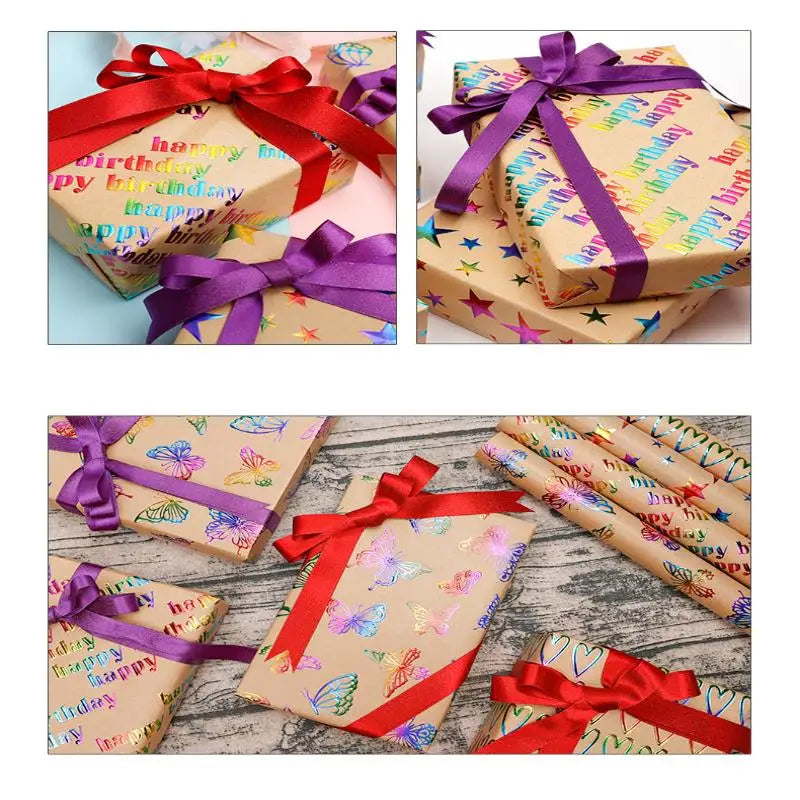 43x300cm Happy Birthday Valentine's Day Gift Wrapping Paper Retro Yellow Kraft Paper Colorful Bronzing Wrapping Paper