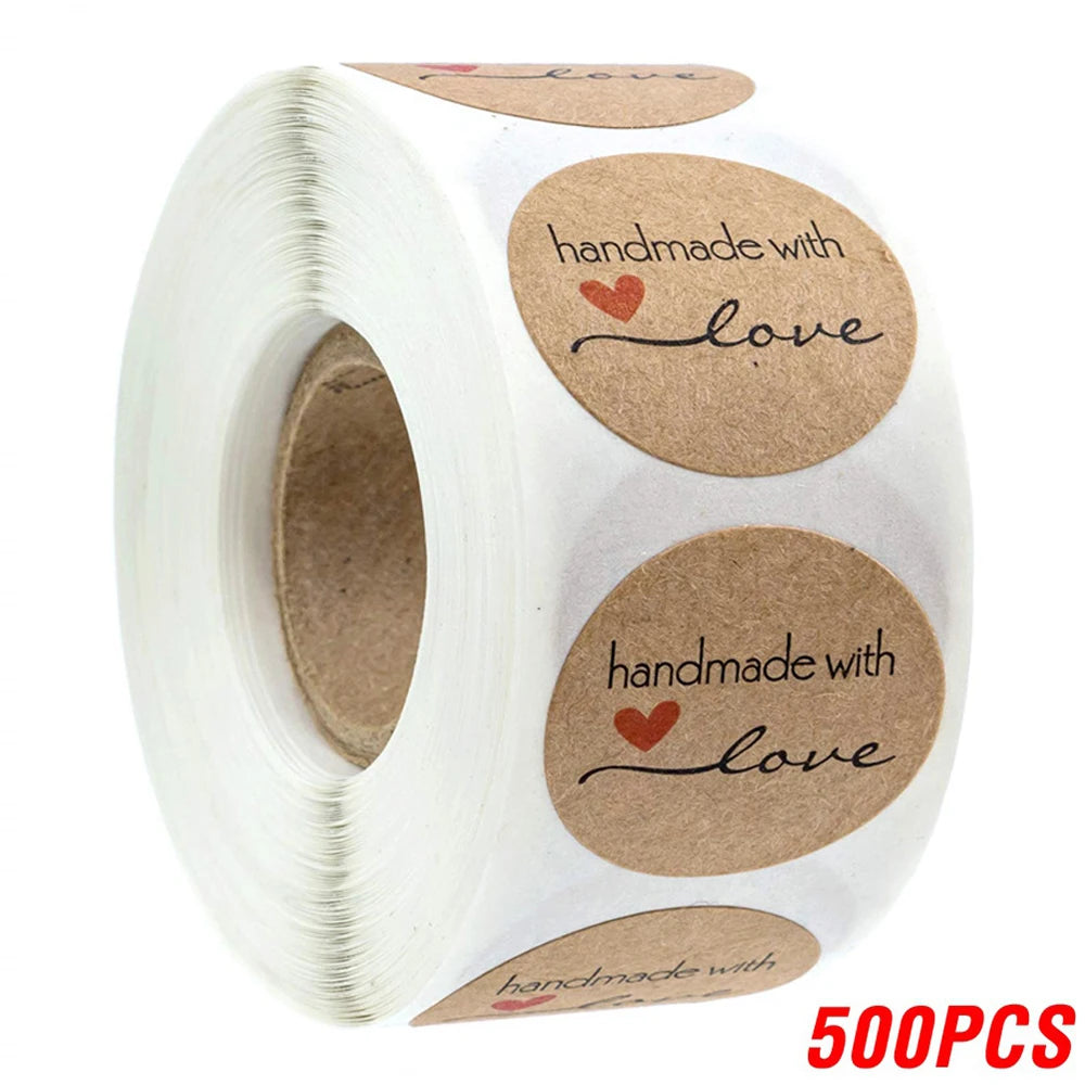 100-500pcs 1inch Vintage Kraft Paper Handmade With Love Stickers for Package Thank You Stationery Adhesive Labels Baking Seals