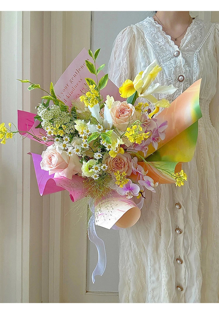 Valentine'S Day Gilded Flower Wrapping Paper, Gradient Korean Art Floral Wrapping Paper, Gift Paper, Flower Packaging Materials
