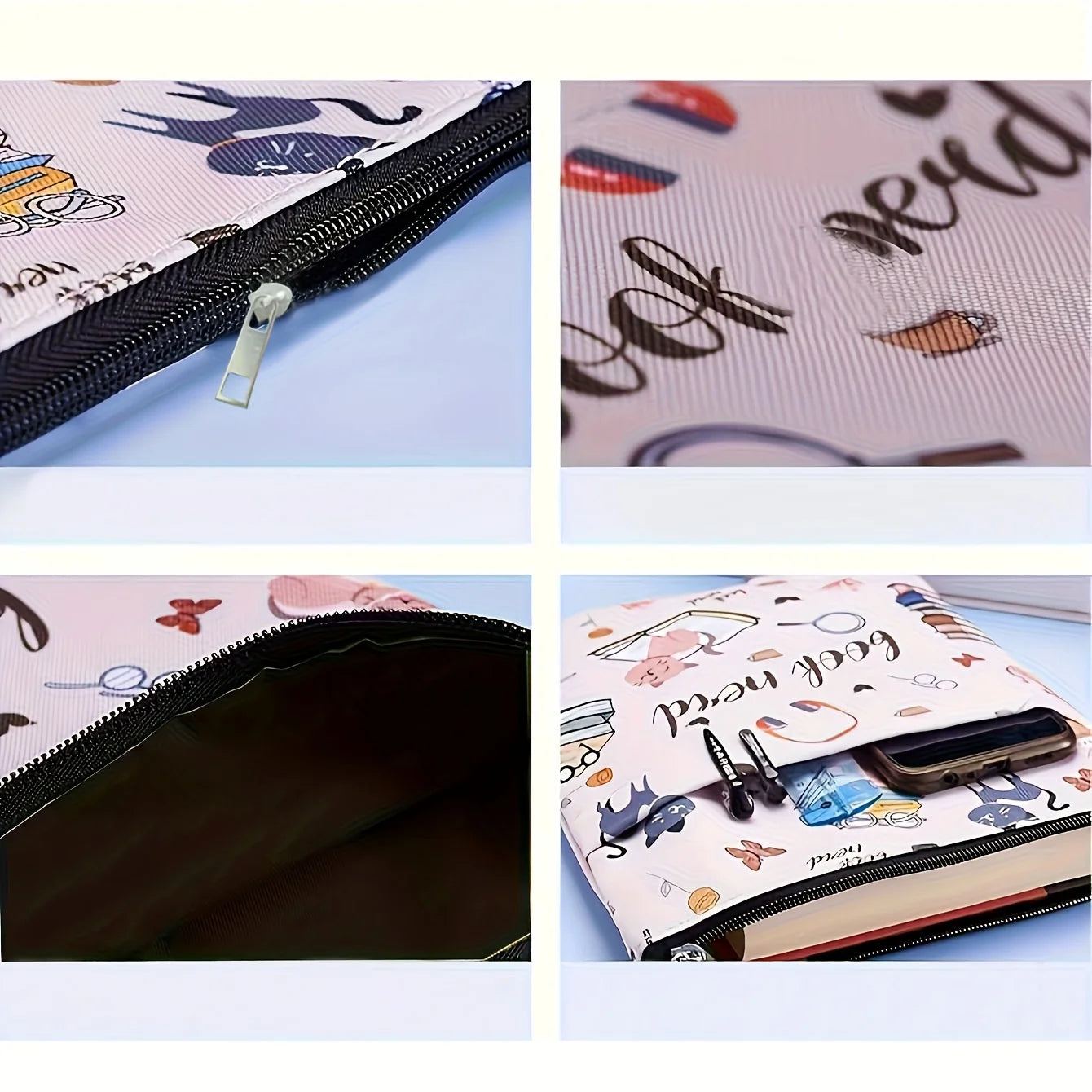 1pc "Book Nerd" Themed Fabric Book Sleeve with Zipper - Durable, Washable Cover for Paperbacks, Featuring Books & Cat Design