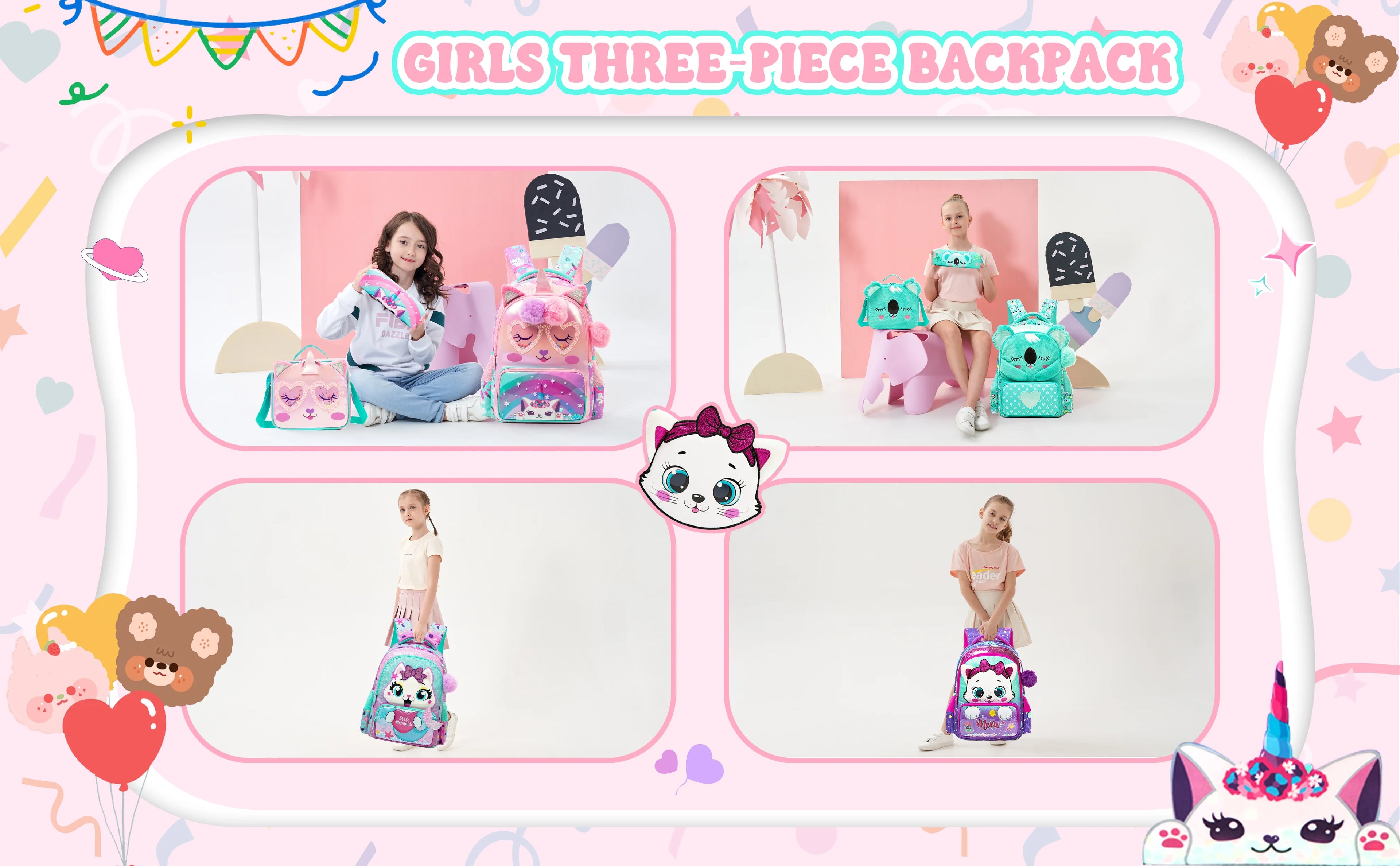 kids backpacks with Lunch Bag for girls 3pcs girls bookbag and Lunch Box Set for Elementary Middle School