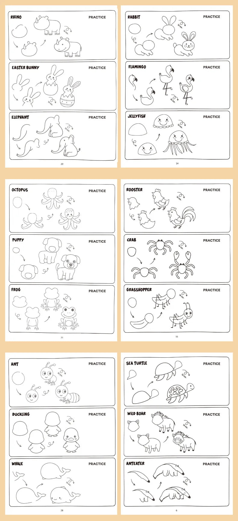 96 Animal Patterns, 32 Pages, Learn To Draw Animals, How To Draw: Teaching Drawing Book, Simple 4 Steps To Complete Drawing