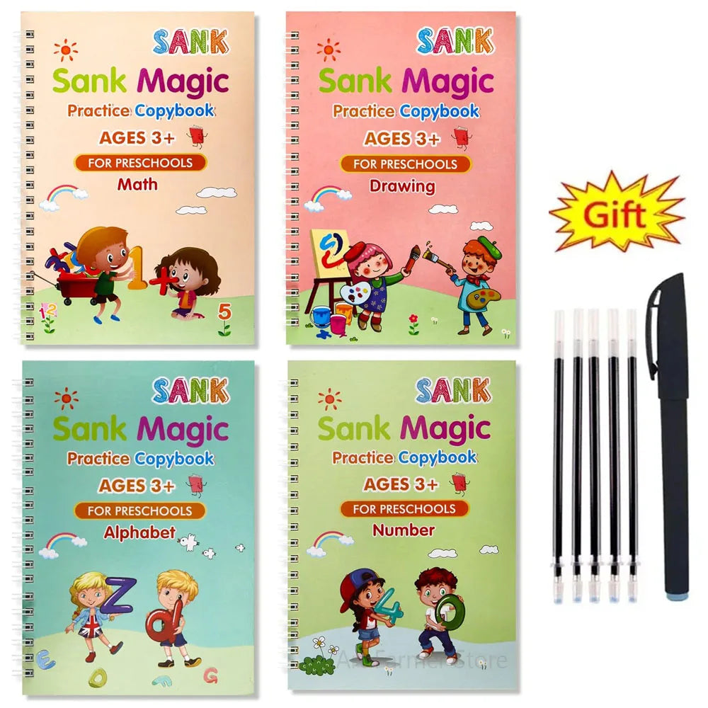 4pcs Portuguese Magic Practice Copybook Pen Preschools Kids Calligraphy Notebook Children Reusable  Writing Book Age 3-8