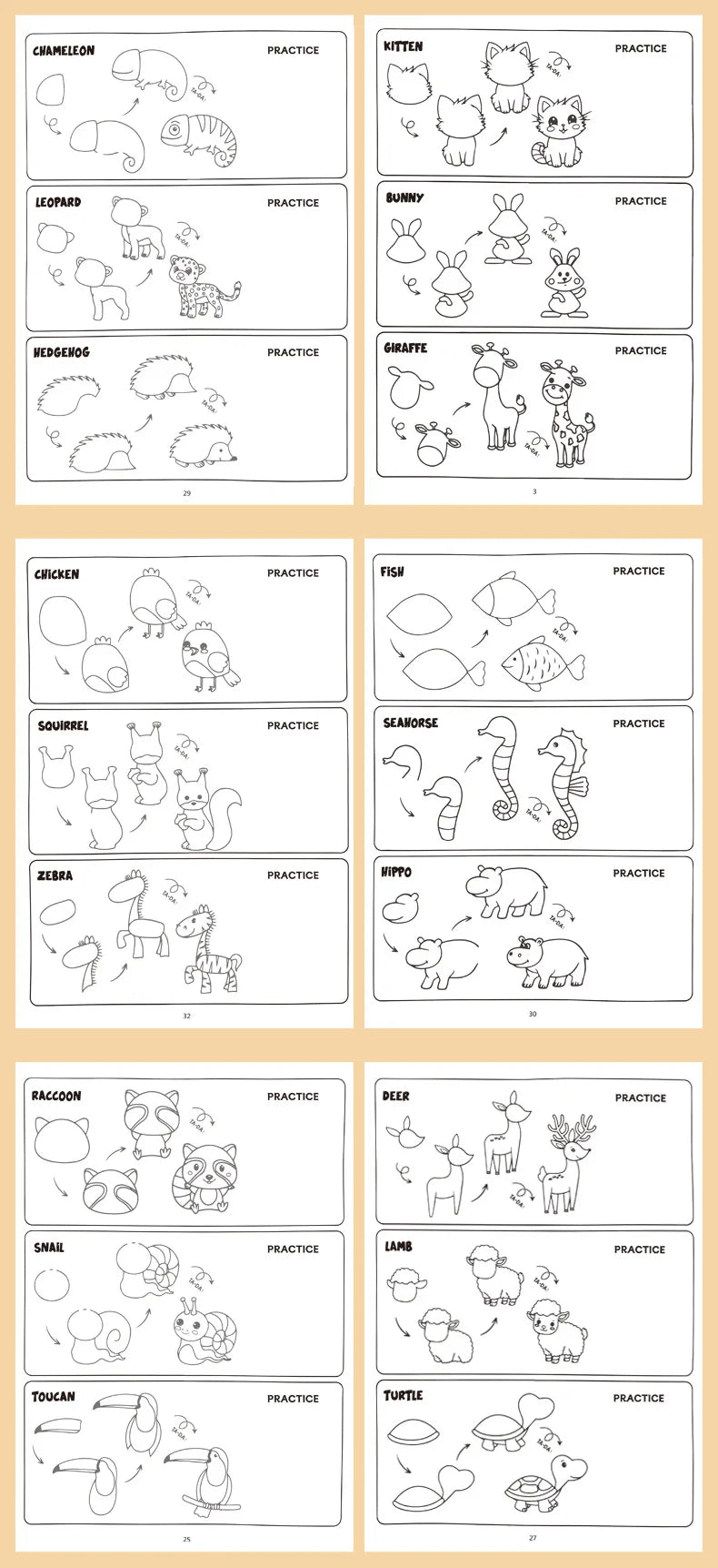 96 Animal Patterns, 32 Pages, Learn To Draw Animals, How To Draw: Teaching Drawing Book, Simple 4 Steps To Complete Drawing