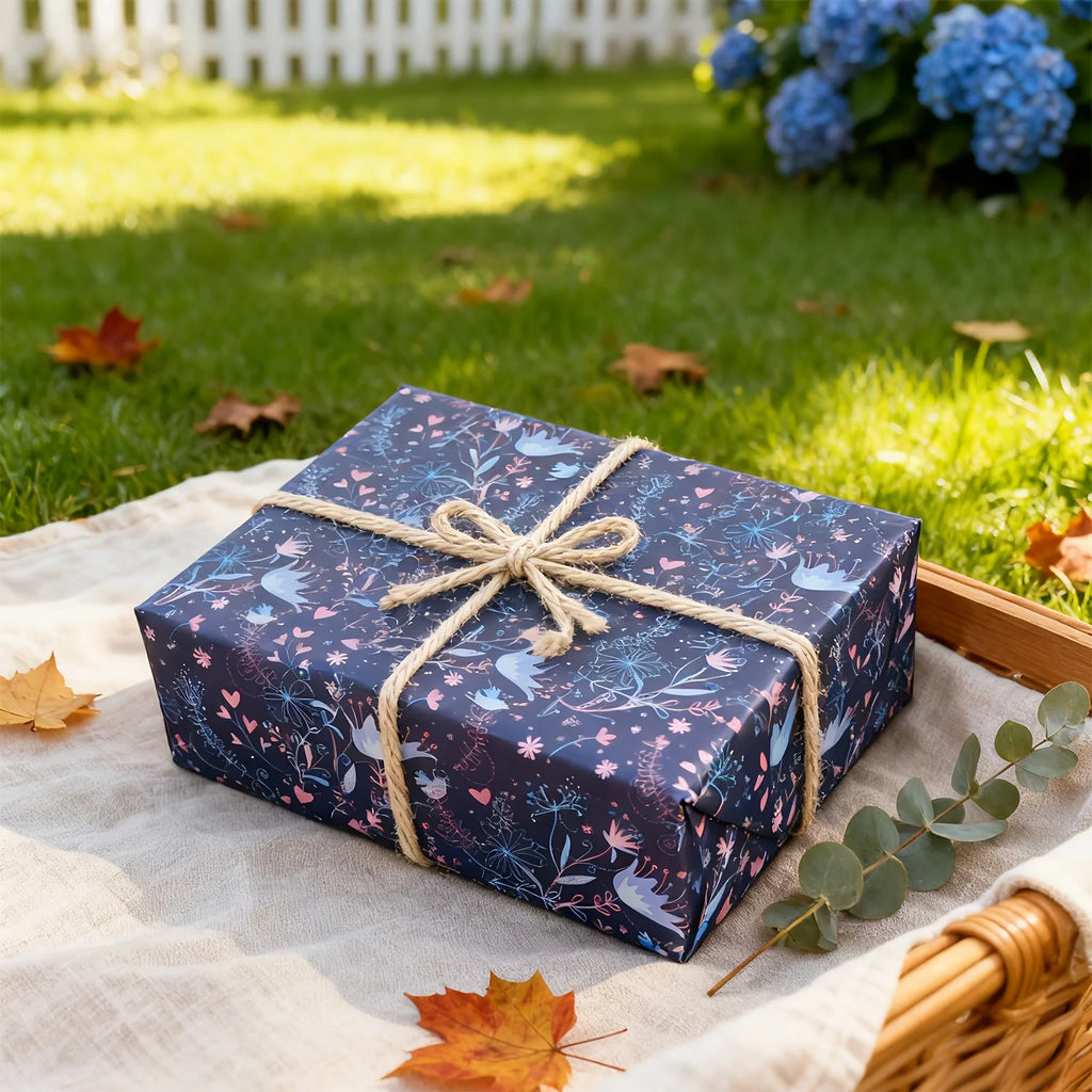 1 Roll Extra Long 43.18cm X 299.72cm Gift Wrap Roll |Elegant Pastel & Navy Blue/Pink/Black/White - Hearts, Birds, Floral Pattern