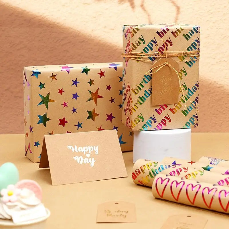 43x300cm Happy Birthday Valentine's Day Gift Wrapping Paper Retro Yellow Kraft Paper Colorful Bronzing Wrapping Paper