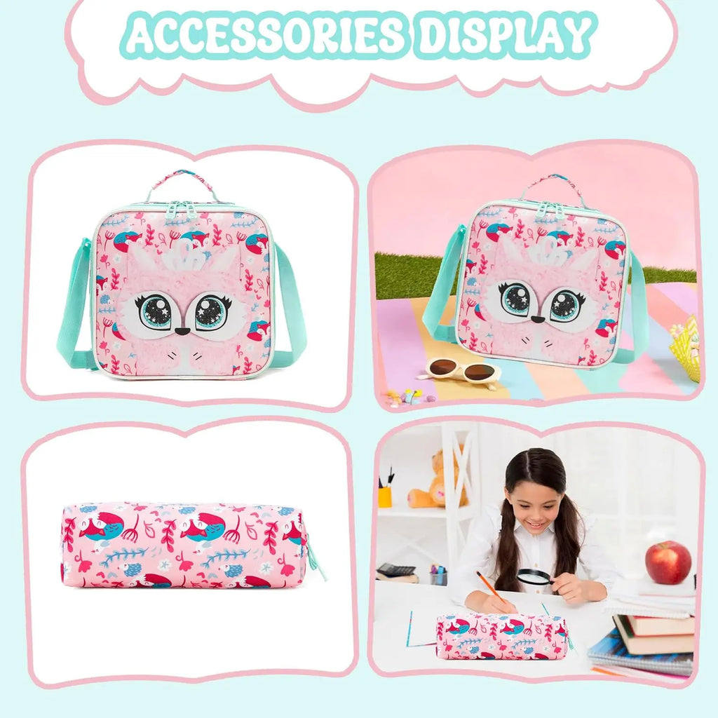 Kids Backpacks for Girls School Backpack with Lunch Bag Pencil Case for Elementary Student 3D Carton Plush Kids Travel SchoolBaG