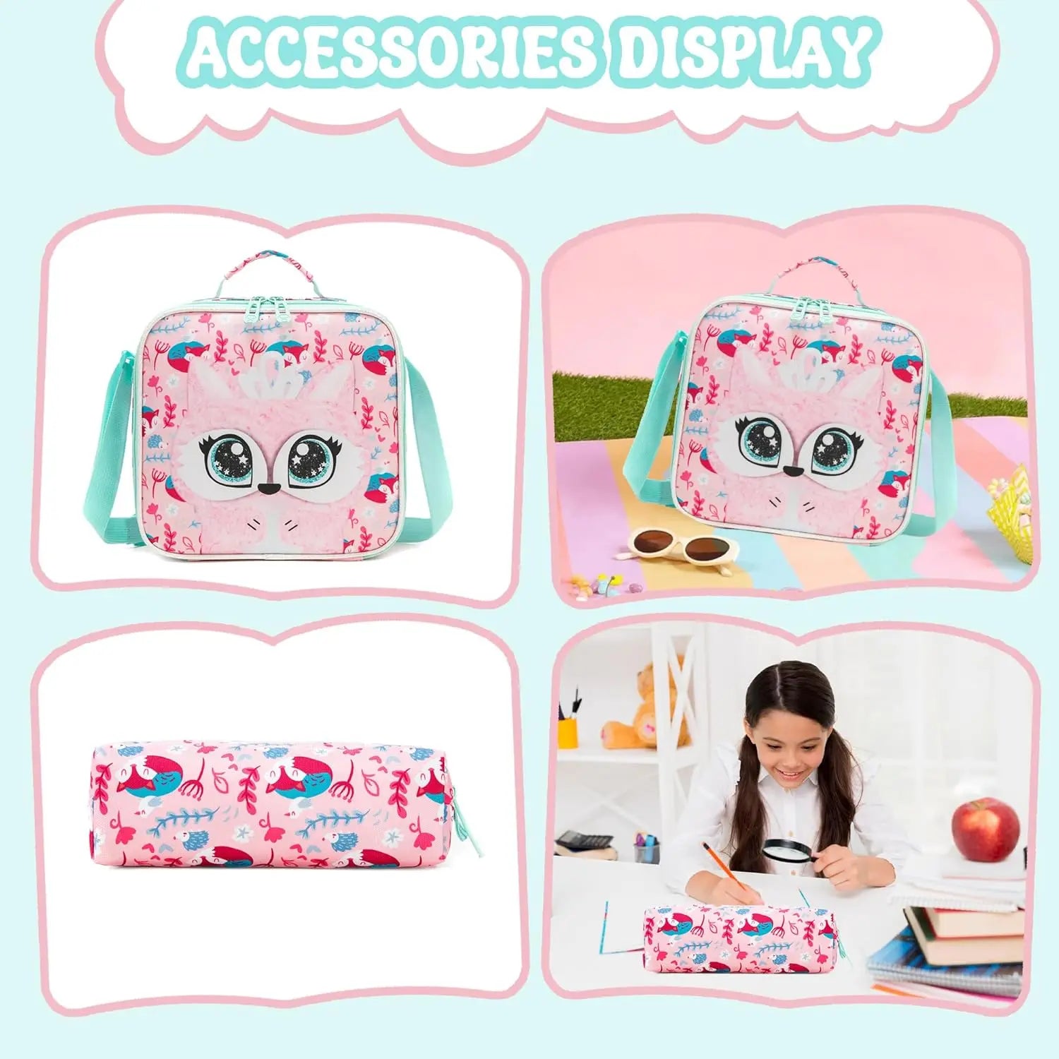Kids Backpacks for Girls School Backpack with Lunch Bag Pencil Case for Elementary Student 3D Carton Plush Kids Travel SchoolBaG