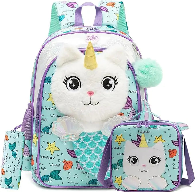 Kids Backpacks for Girls School Backpack with Lunch Bag Pencil Case for Elementary Student 3D Carton Plush Kids Travel SchoolBaG