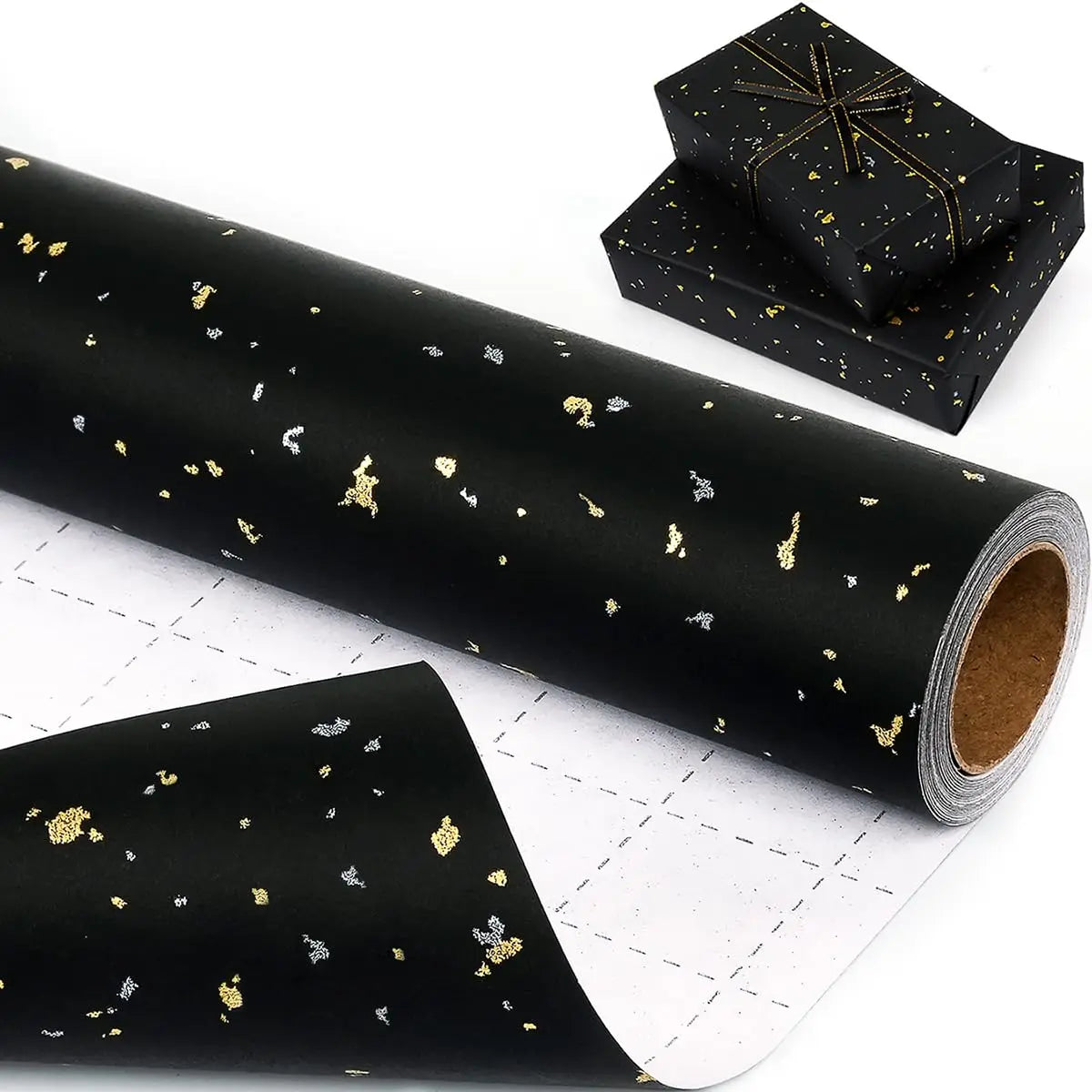 Gift Wrapping Paper Roll, 1 Roll 17inch x 120inch, Black Gold Foil Design for Holiday, Birthday, Wedding, Party