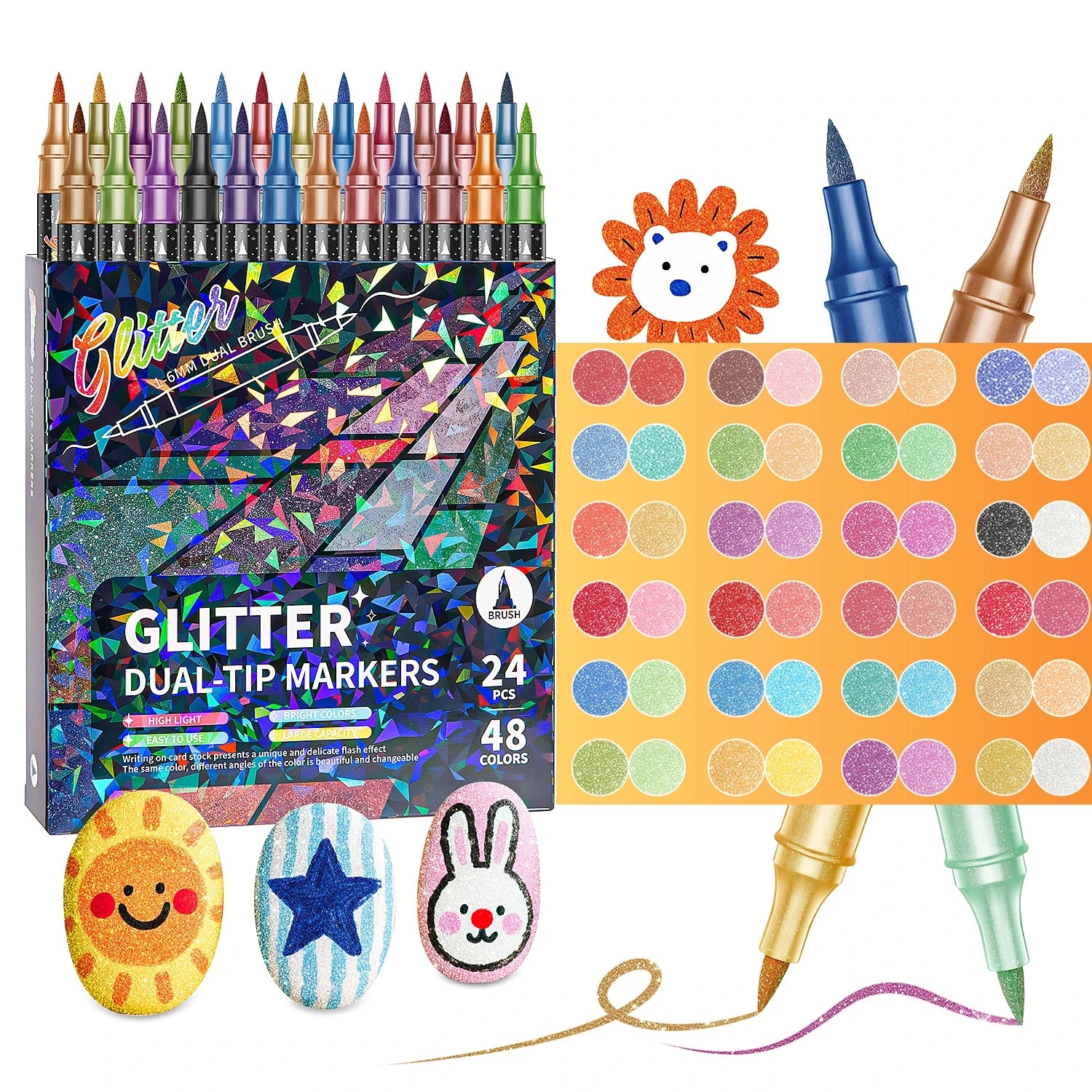 24-96 Colors Glitter Felt Tip Metallic Markers Dual Tip Dual Color Shimmer Marker for Doodle Writing Art DIY Crafts Scrapbooking