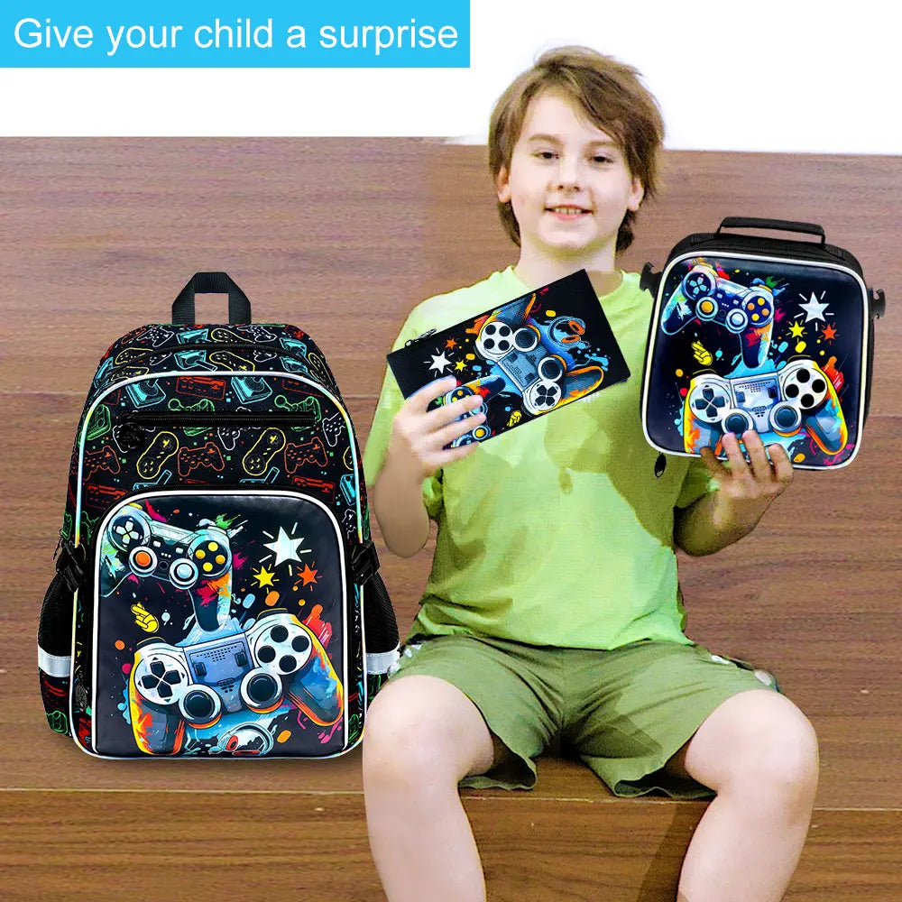 Kids Backpack for Boys, 3PCS Bookbag Set with Clip-On Lunch Box, Game School Bag for Elementary Preschool Toddler