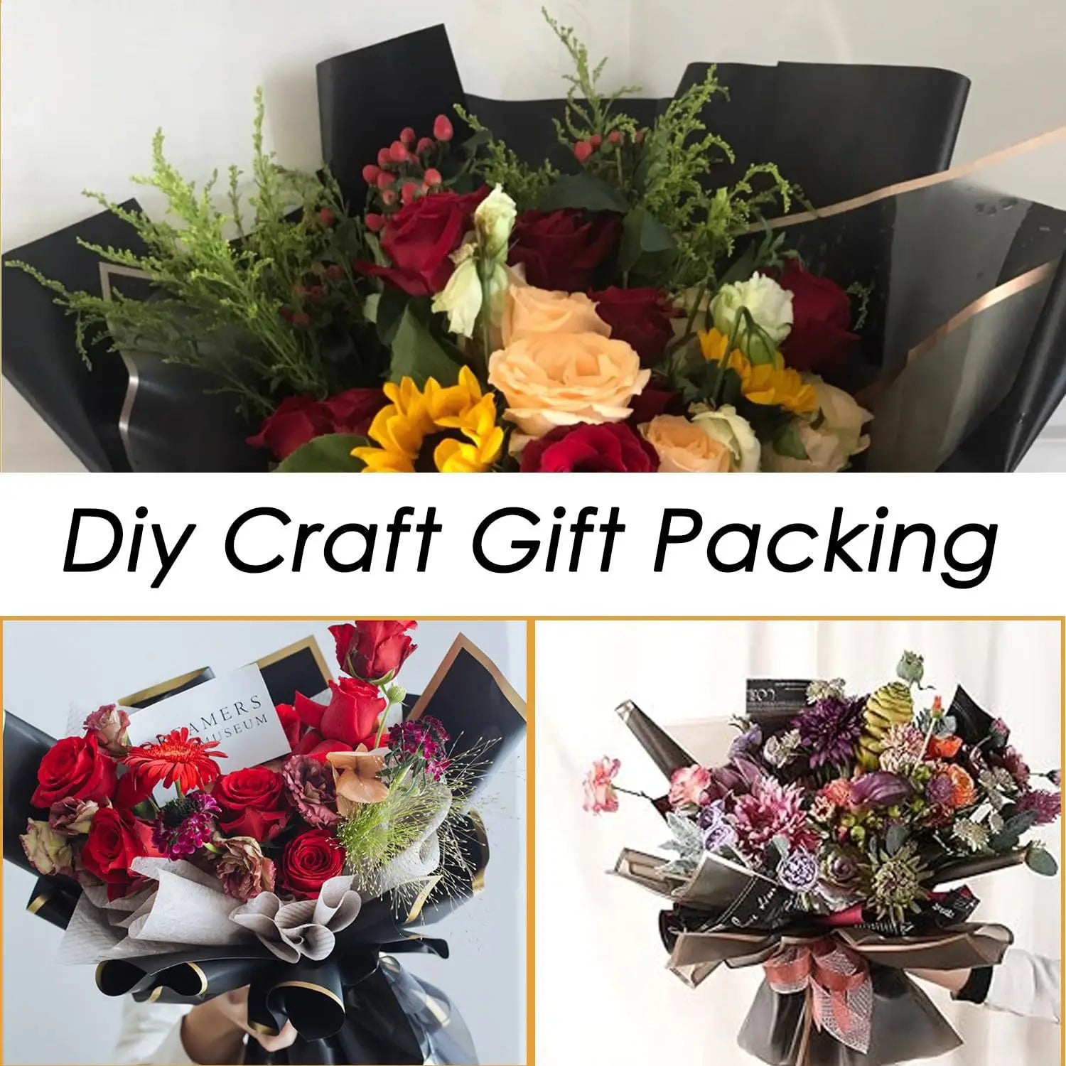 20pcs-56*54cm Black Gift Wrap with Gold Edges - Elegant Metallic Trim Wrapping Paper for Presents & Luxury Packaging