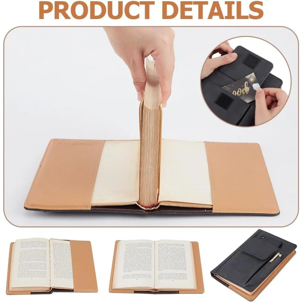Book Cover PU Leather A5 Waterproof Book Sleeve Black Reusable Book Protector Hardcover Paperbacks Notebook Wraps with Pen