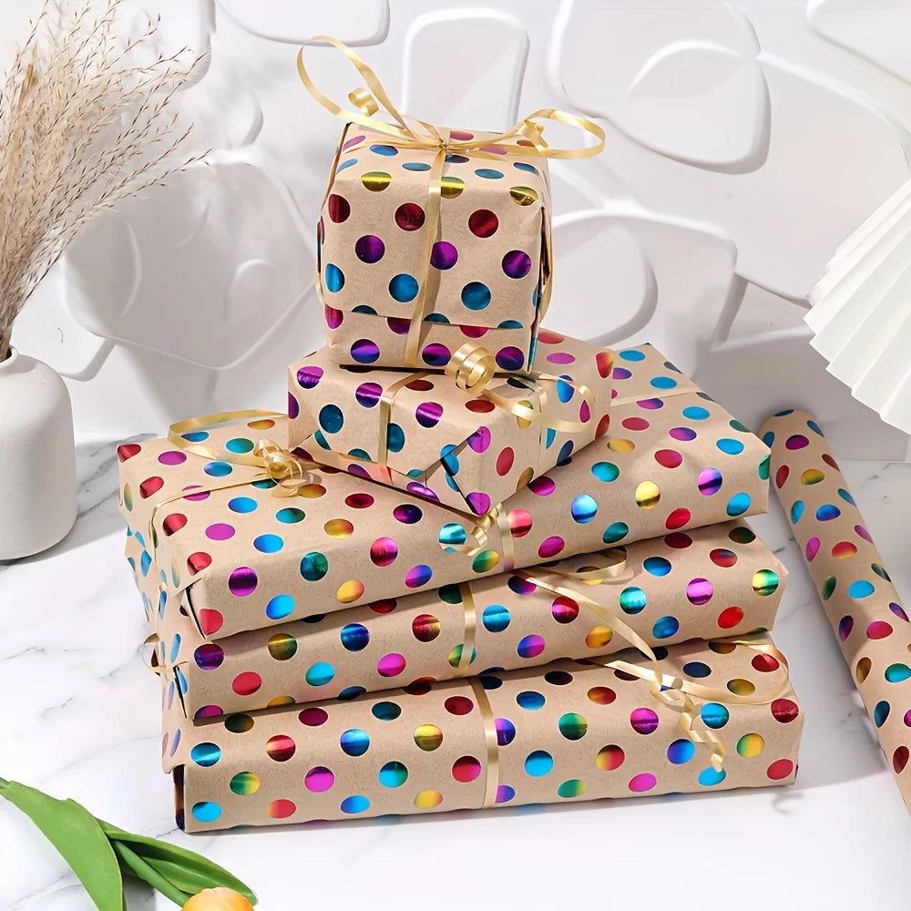 1Roll Extra Long Gift Wrap Paper-Very Large Roll(42.93x299.72 cm),Vibrant Multicolor Polka Dots in Pink,Blue,Golden,Green,Purple