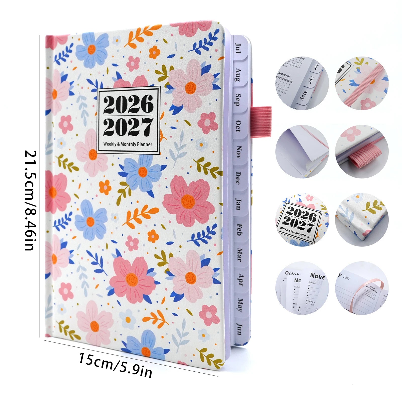 2026 2027 Floral Print Planner Weekly Monthly A5 Size 144 Pages Notebook Academic Daily Yearly Schedule Calendar Flower Design