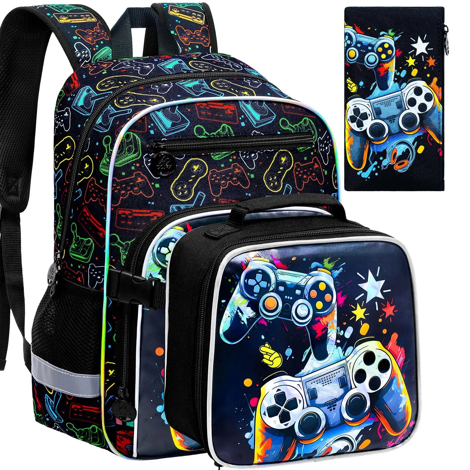 Kids Backpack for Boys, 3PCS Bookbag Set with Clip-On Lunch Box, Game School Bag for Elementary Preschool Toddler