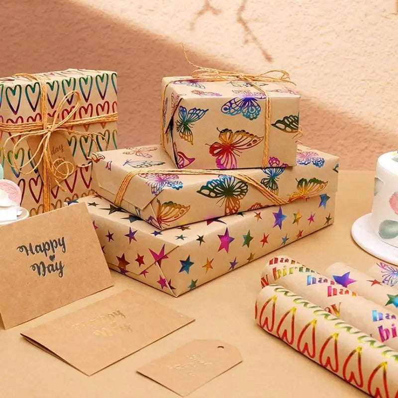 43x300cm Happy Birthday Valentine's Day Gift Wrapping Paper Retro Yellow Kraft Paper Colorful Bronzing Wrapping Paper