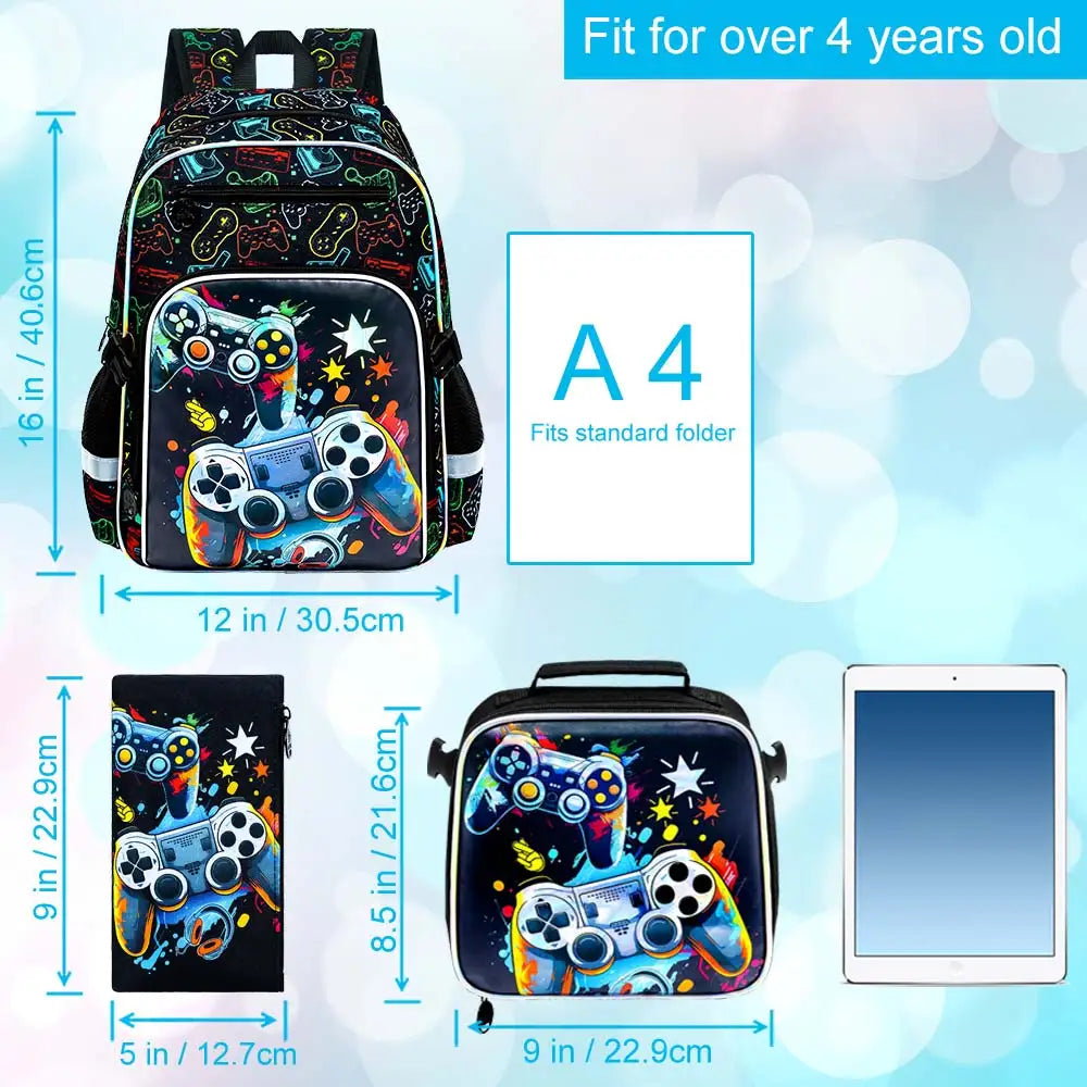 Kids Backpack for Boys, 3PCS Bookbag Set with Clip-On Lunch Box, Game School Bag for Elementary Preschool Toddler