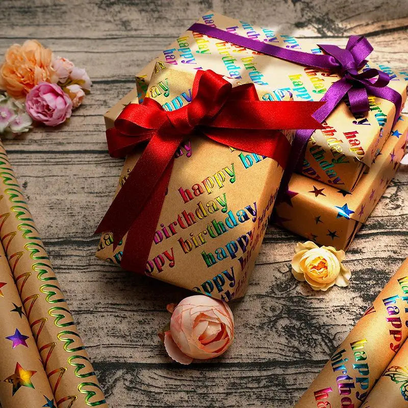 43x300cm Happy Birthday Valentine's Day Gift Wrapping Paper Retro Yellow Kraft Paper Colorful Bronzing Wrapping Paper