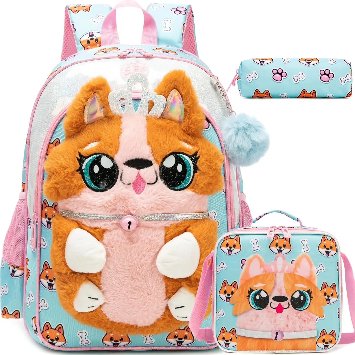Kids Backpacks for Girls School Backpack with Lunch Bag Pencil Case for Elementary Student 3D Carton Plush Kids Travel SchoolBaG