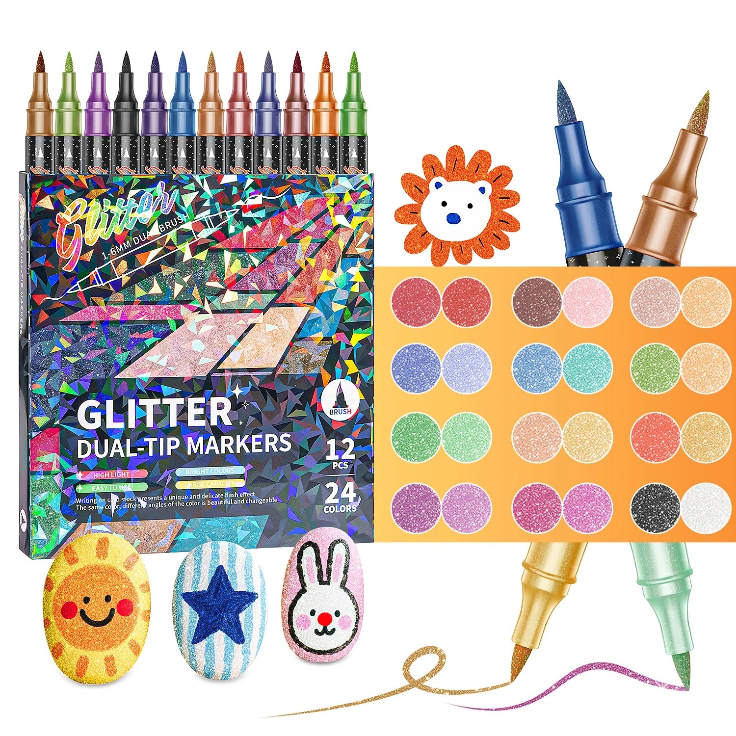 24-96 Colors Glitter Felt Tip Metallic Markers Dual Tip Dual Color Shimmer Marker for Doodle Writing Art DIY Crafts Scrapbooking