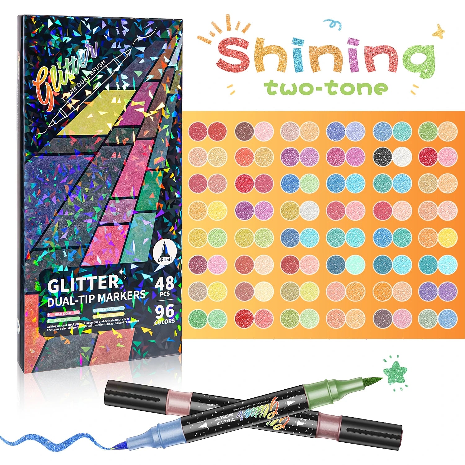 24-96 Colors Glitter Felt Tip Metallic Markers Dual Tip Dual Color Shimmer Marker for Doodle Writing Art DIY Crafts Scrapbooking