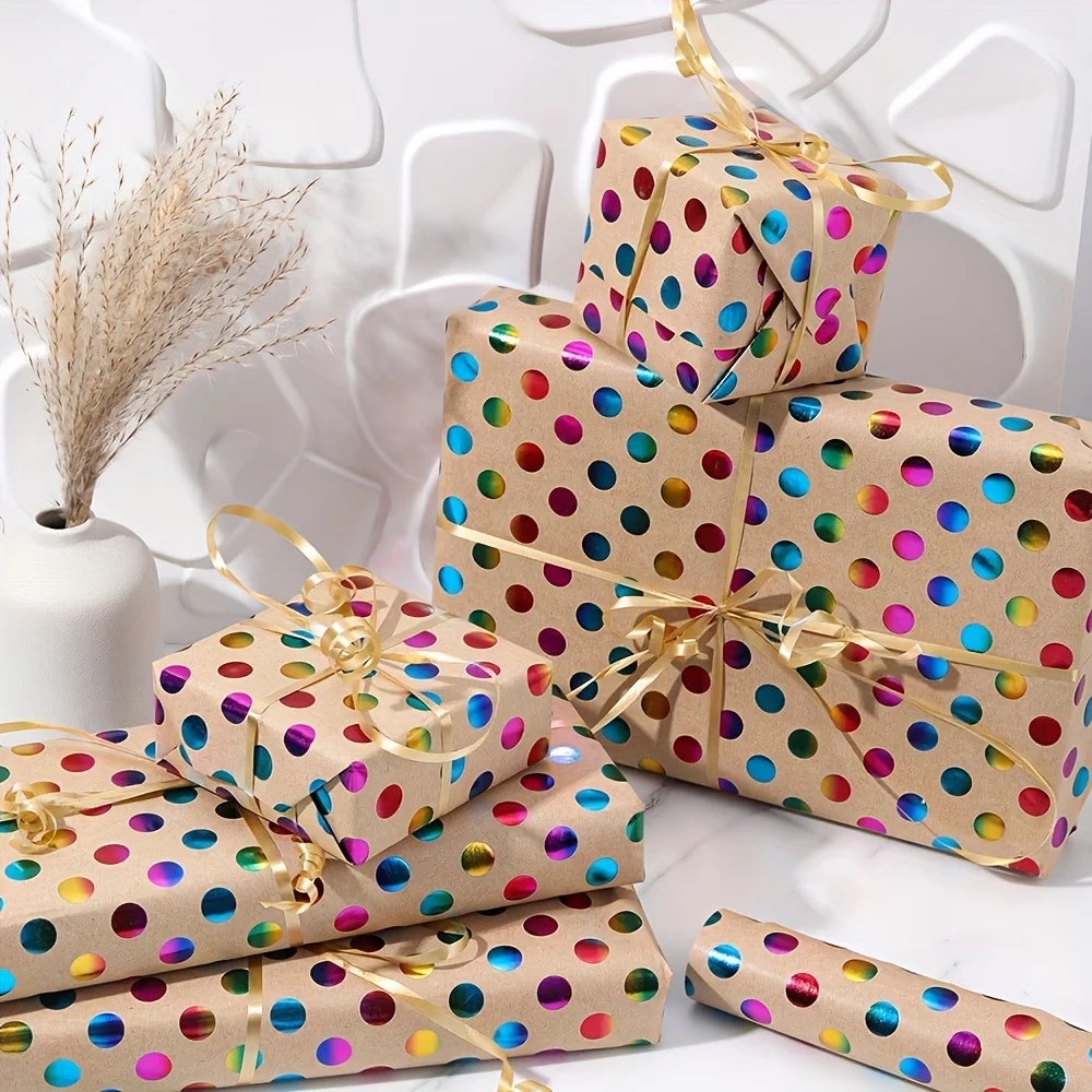 1Roll Extra Long Gift Wrap Paper-Very Large Roll(42.93x299.72 cm),Vibrant Multicolor Polka Dots in Pink,Blue,Golden,Green,Purple