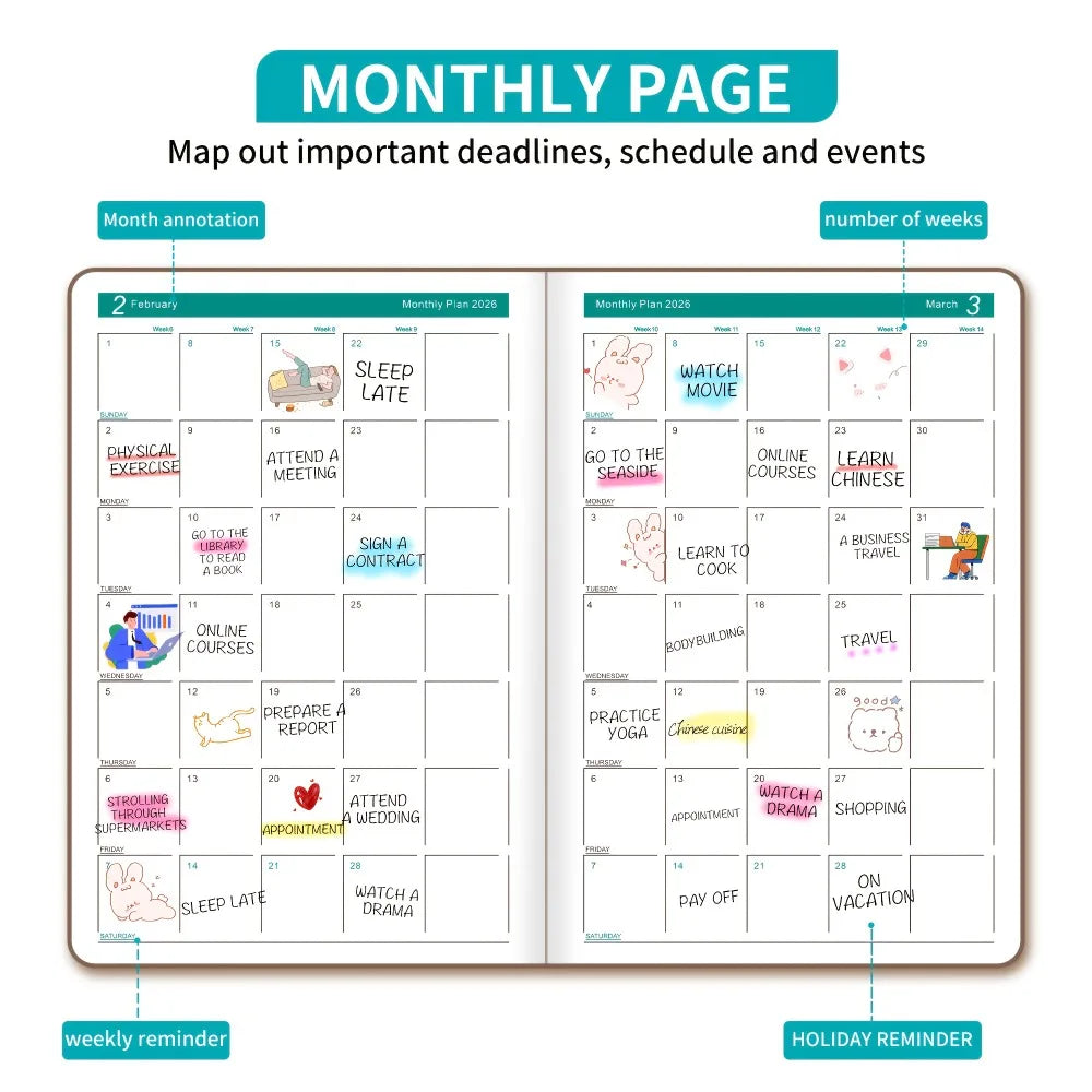 2026 Planner, Self-Discipline Calendar Planner, Weekly & Monthly Planner Layouts, 360-Page Daily Organizer,Portable Planner Book