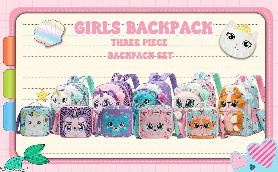 Kids Backpacks for Girls School Backpack with Lunch Bag Pencil Case for Elementary Student 3D Carton Plush Kids Travel SchoolBaG