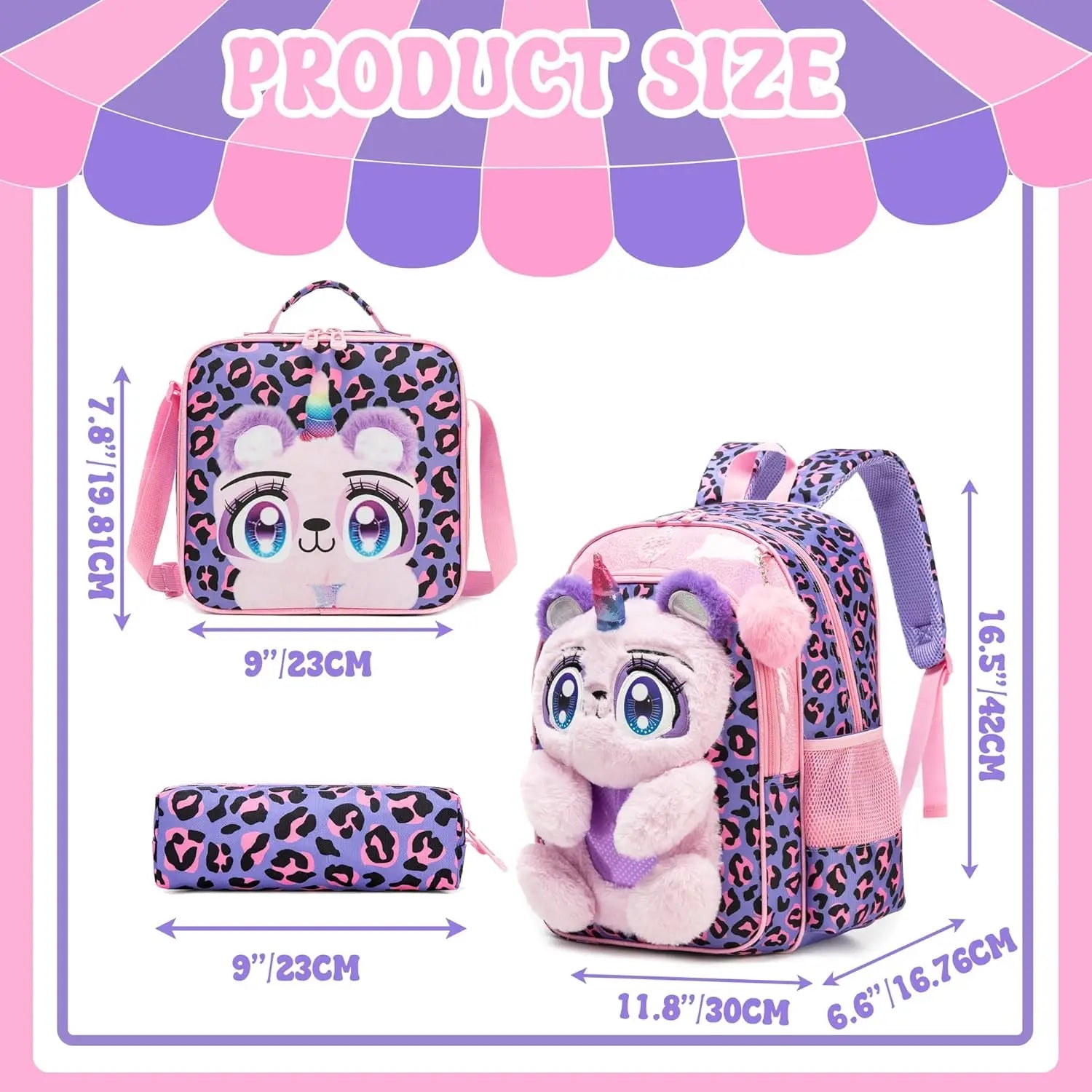 Kids Backpacks for Girls School Backpack with Lunch Bag Pencil Case for Elementary Student 3D Carton Plush Kids Travel SchoolBaG