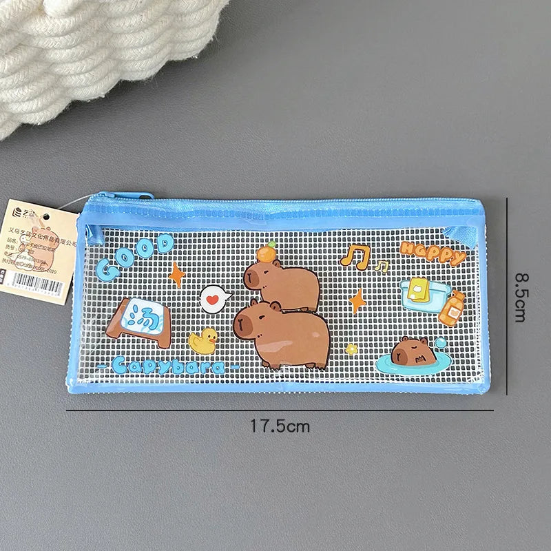 Cute Cartoon Capybara Pencil Case Transparent Student Stationery Storage Bag Pouch Desktop Organizer School Office Supplies