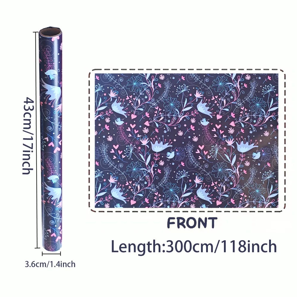 1 Roll Extra Long 43.18cm X 299.72cm Gift Wrap Roll |Elegant Pastel & Navy Blue/Pink/Black/White - Hearts, Birds, Floral Pattern