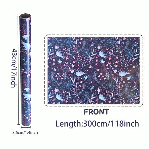 1 Roll Extra Long 43.18cm X 299.72cm Gift Wrap Roll |Elegant Pastel & Navy Blue/Pink/Black/White - Hearts, Birds, Floral Pattern