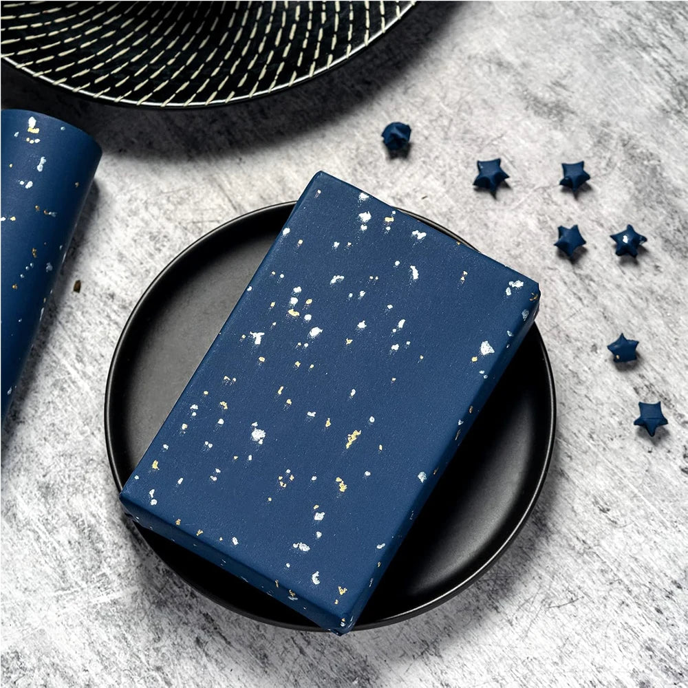 1roll Gift Wrapping Paper Navy Blue Gold Foil Gift Wrapping Paper Gift Paper Suitable for Birthdays and Festivals DIY Gift