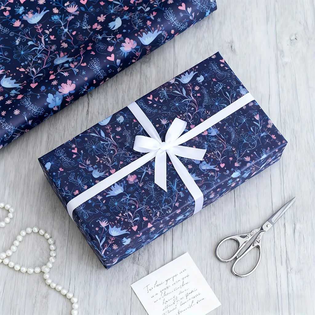 1 Roll Extra Long 43.18cm X 299.72cm Gift Wrap Roll |Elegant Pastel & Navy Blue/Pink/Black/White - Hearts, Birds, Floral Pattern