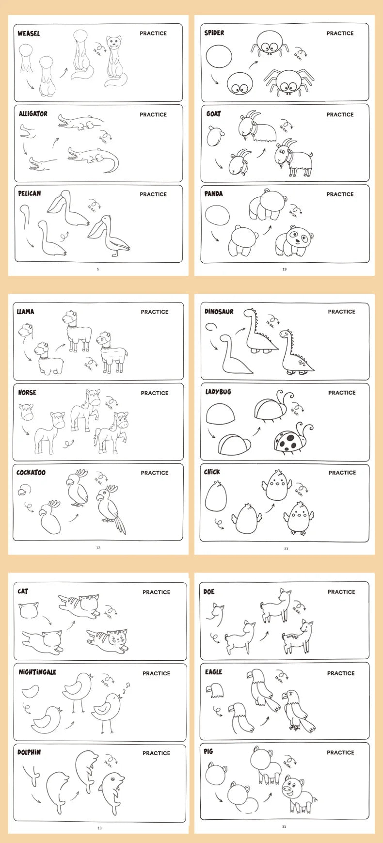 96 Animal Patterns, 32 Pages, Learn To Draw Animals, How To Draw: Teaching Drawing Book, Simple 4 Steps To Complete Drawing