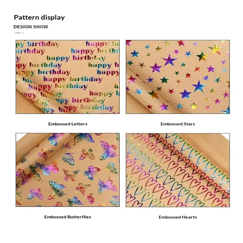 43x300cm Happy Birthday Valentine's Day Gift Wrapping Paper Retro Yellow Kraft Paper Colorful Bronzing Wrapping Paper