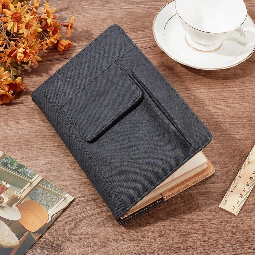 Book Cover PU Leather A5 Waterproof Book Sleeve Black Reusable Book Protector Hardcover Paperbacks Notebook Wraps with Pen