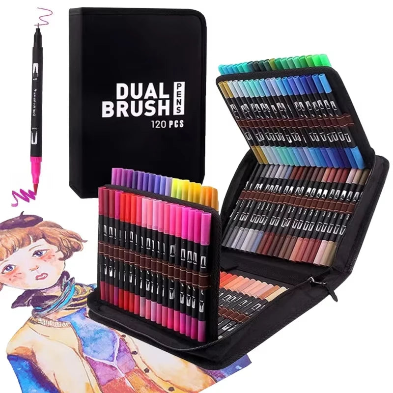 48/60/72/100/120 Colors Dual Tip Brush Marker Pens Watercolour FineLiner Manga Art Accessories Art Supplies Drawing Stationery