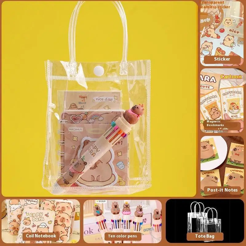 Stationery Set for Students: Kawaii Capybara Themed with Pen, Stickers, Notebook, Plush Charms, Handbag & Rewards