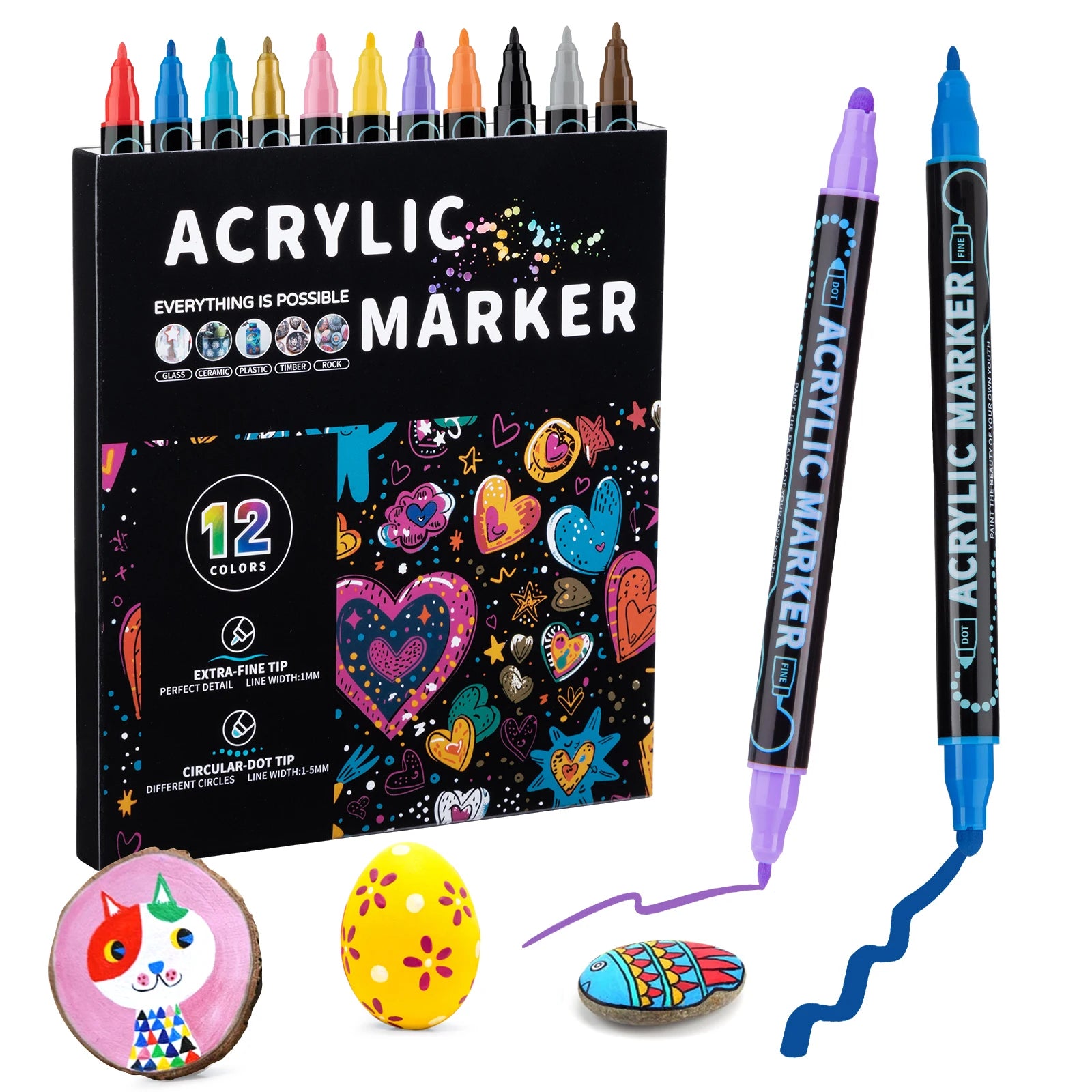 12/24/36/48 Colors Dual Tip Acrylic Paint Pens Markers  for Wood Canvas Stone Rock Painting Glass Ceramic Surfaces DIY Crafts