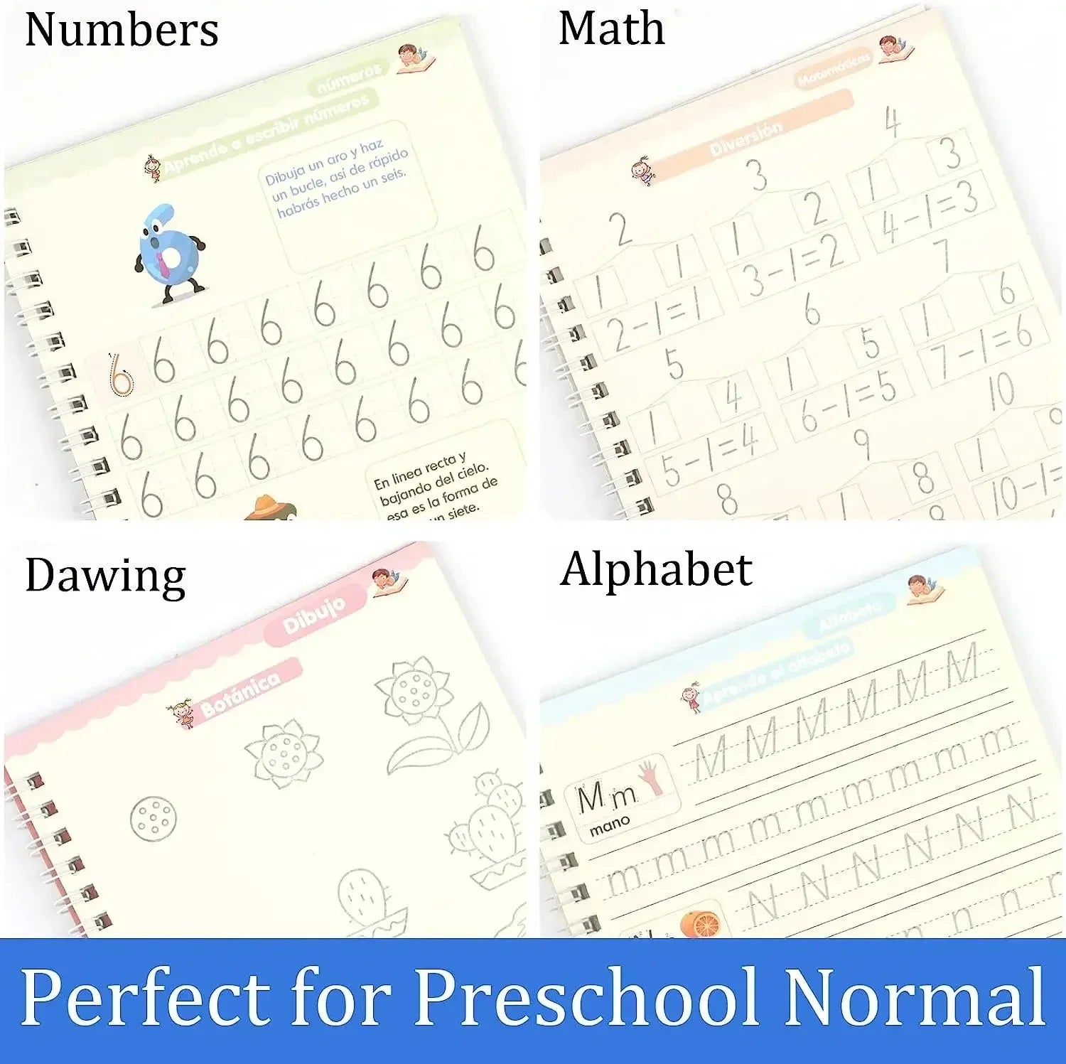 4pcs Portuguese Magic Practice Copybook Pen Preschools Kids Calligraphy Notebook Children Reusable  Writing Book Age 3-8