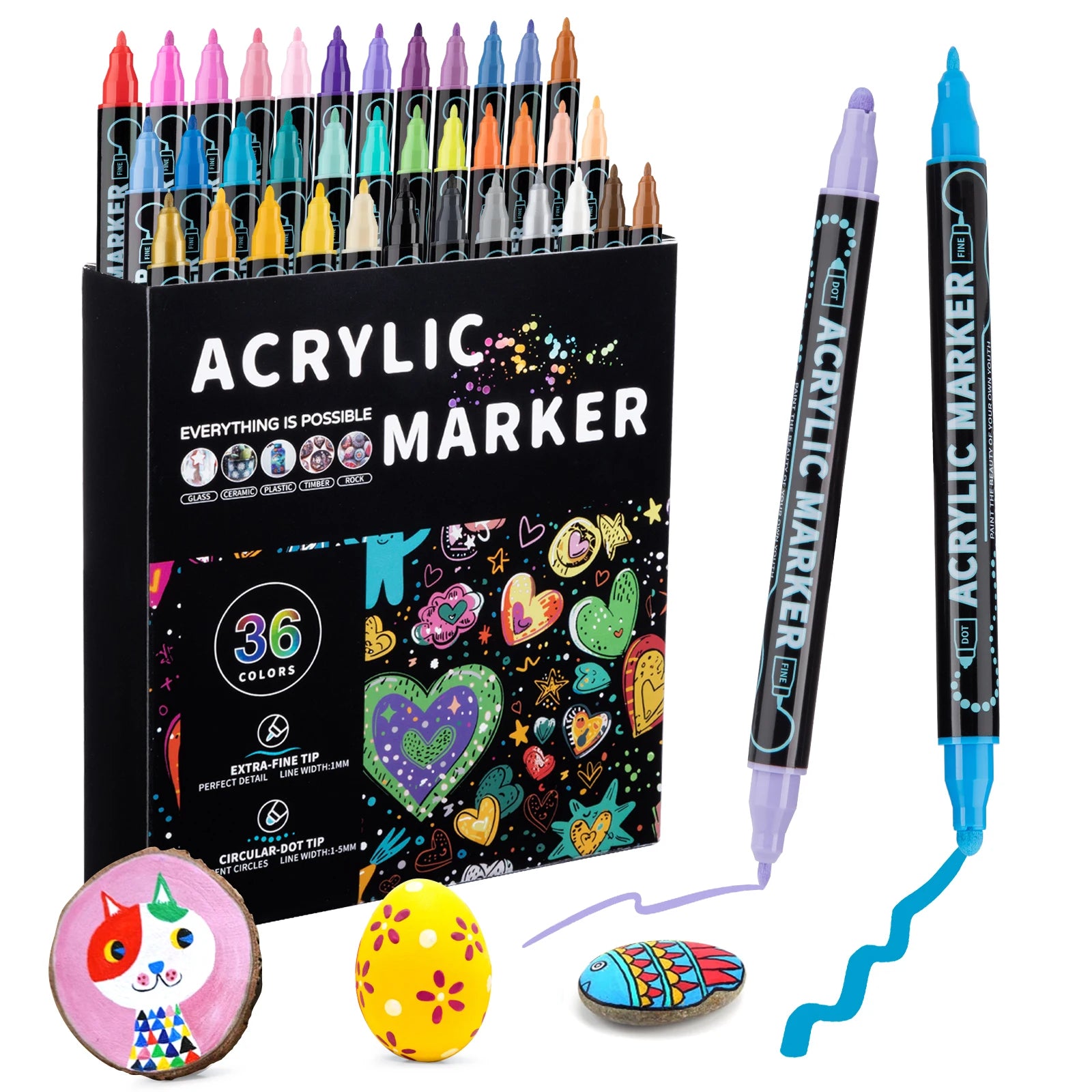 12/24/36/48 Colors Dual Tip Acrylic Paint Pens Markers  for Wood Canvas Stone Rock Painting Glass Ceramic Surfaces DIY Crafts