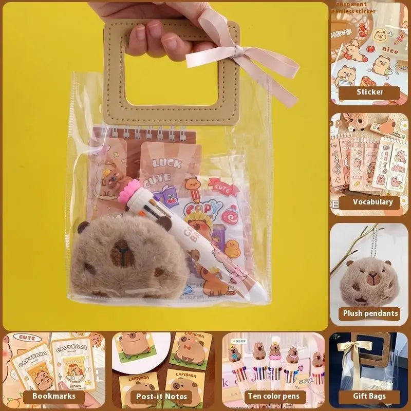 Stationery Set for Students: Kawaii Capybara Themed with Pen, Stickers, Notebook, Plush Charms, Handbag & Rewards
