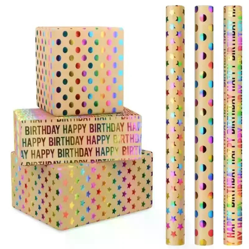 43x300cm Happy Birthday Valentine's Day Gift Wrapping Paper Retro Yellow Kraft Paper Colorful Bronzing Wrapping Paper
