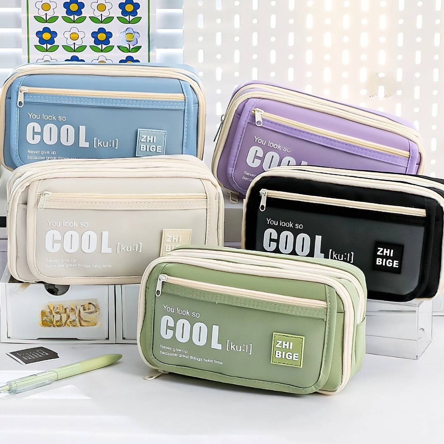 Pencil Case - Flip Cover Large Capacity Aesthetic Pencil Pouch with Zipper Mesh Stationery Organizer Pen Pouch A7816
