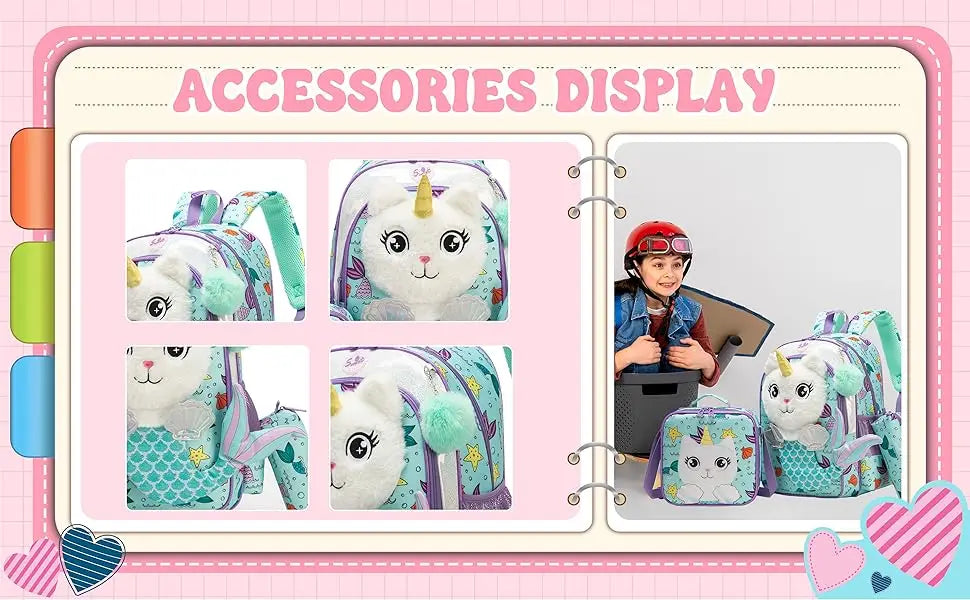 Kids Backpacks for Girls School Backpack with Lunch Bag Pencil Case for Elementary Student 3D Carton Plush Kids Travel SchoolBaG
