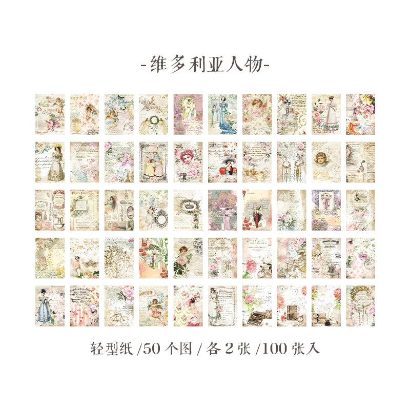 Yoofun 100sheets Large Size Vintage Scrapbooking Decor Material Papers Background Paper for Journal Diary Craft Retro Stationery