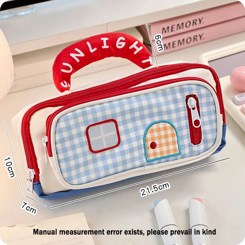 1pcs Pencil Case: Cute Color-Blocked Handle Pencil Case, Little House Design, Pencil Case, Also Suitable for Cosmetics Storage